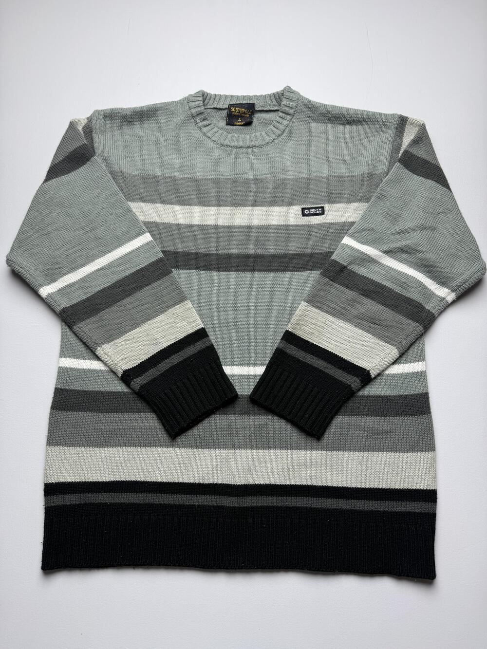 Southpole Sweater Mens Large Gray Stripe Crewneck Knit Pullover Casual Logo